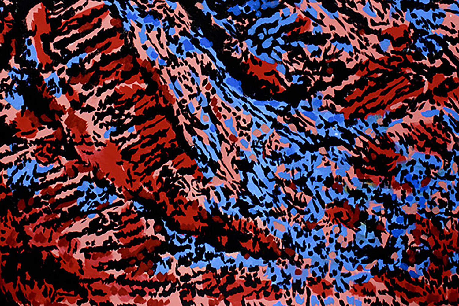 Abrstract red, pink, blue and black painting by Avery Lawrance